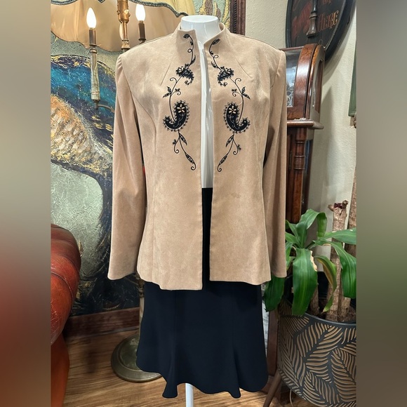 Tan and Black Blazer with Sophisticated Design with black midi skirt set - Picture 1 of 14
